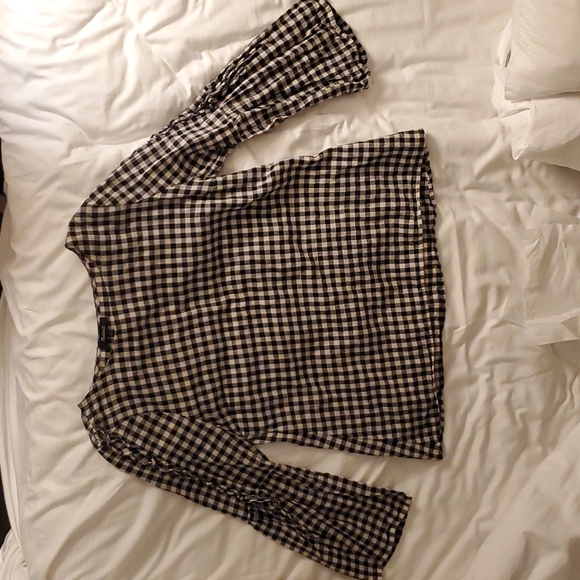 Madewell Gingham Lace-Up Black & White Plaid Bell Sleeve Top - Picture 7 of 9